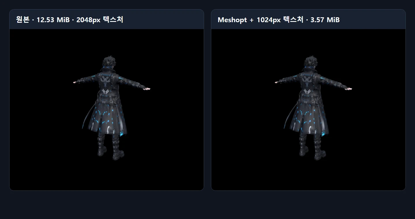 원본 Cyan 모델과 Meshopt 및 1024px 텍스처 최적화본을 같은 조건에서 비교한 화면