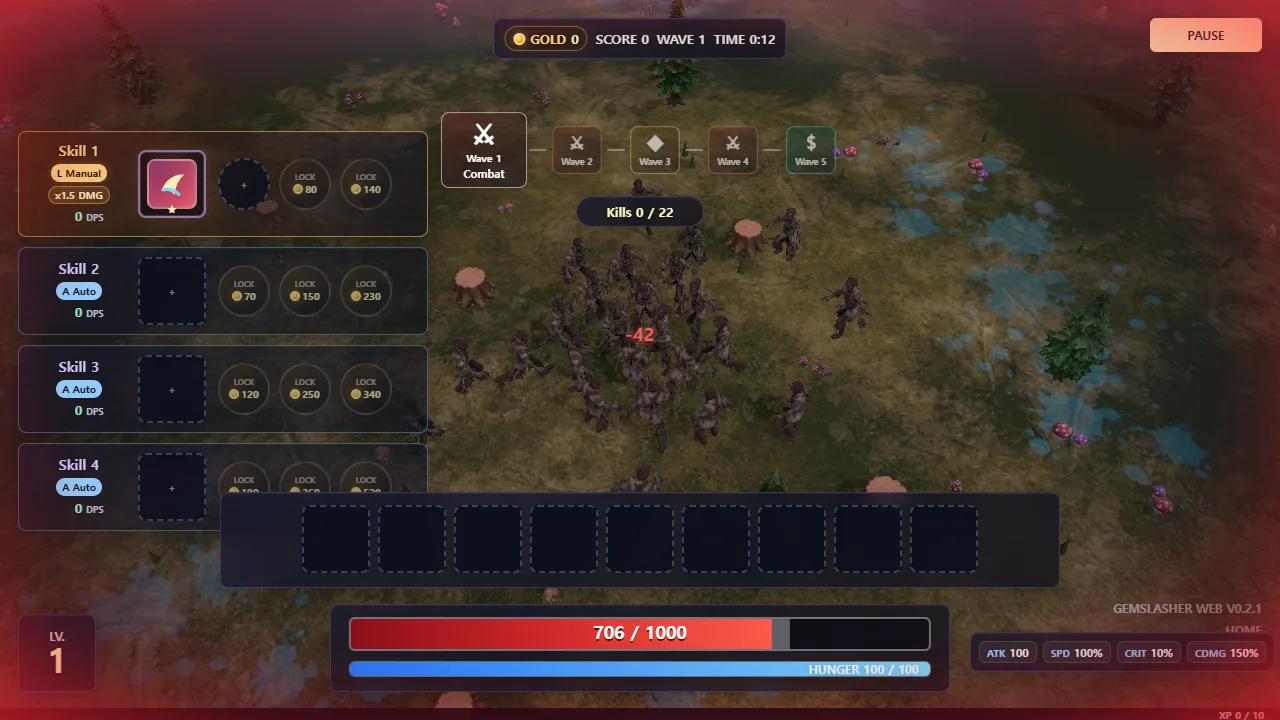 밝은 야외 필드에서 몬스터들과 전투하는 GemSlasher 플레이어